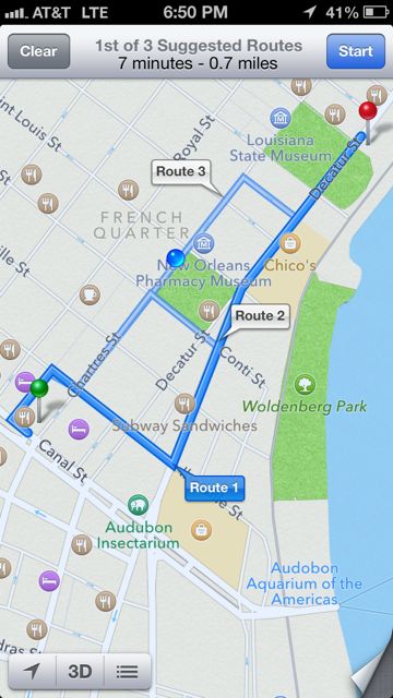 Google map of directions from Palace Cafe to cafe Du Monde