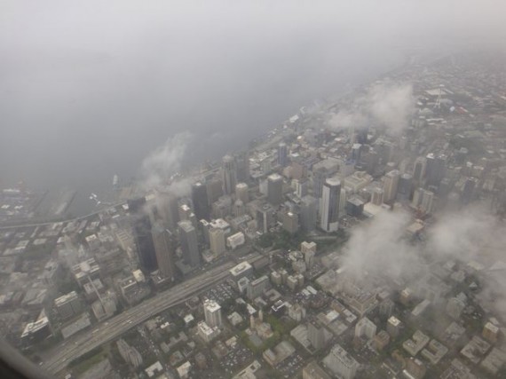 Seattle Washington fron the air on a rainy day