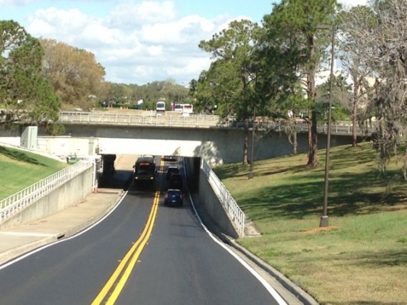 Road under Disney's water bridge
