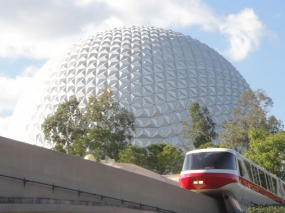 Epcot's Spaceship Earth and Disney Monorail Red