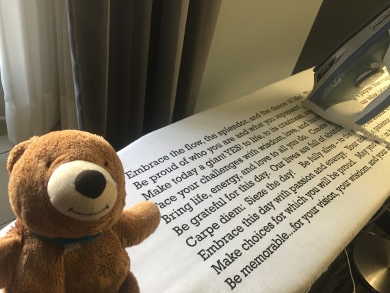 Teddy bear and hotel room ironing board