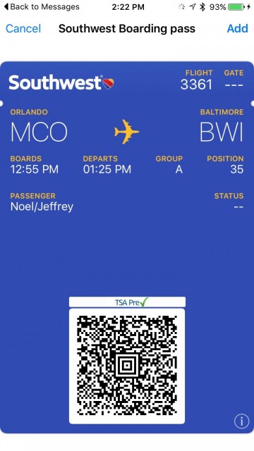 Southwest Air digital boarding pass