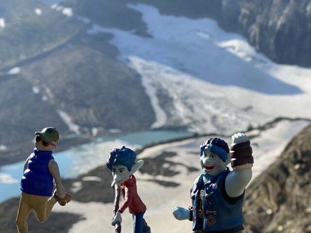 Pixar Onward figurines in mountain setting
