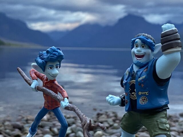 Pixar Onward toys by mountain lake