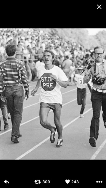 Steve Prefontaine wearing a stop pre T-shirt