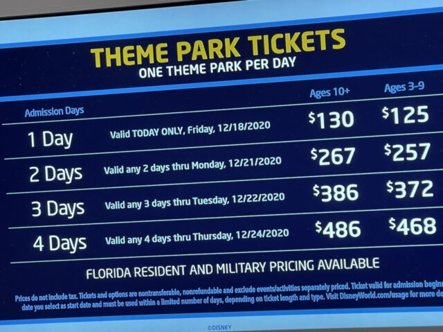 disney theme park ticket price display