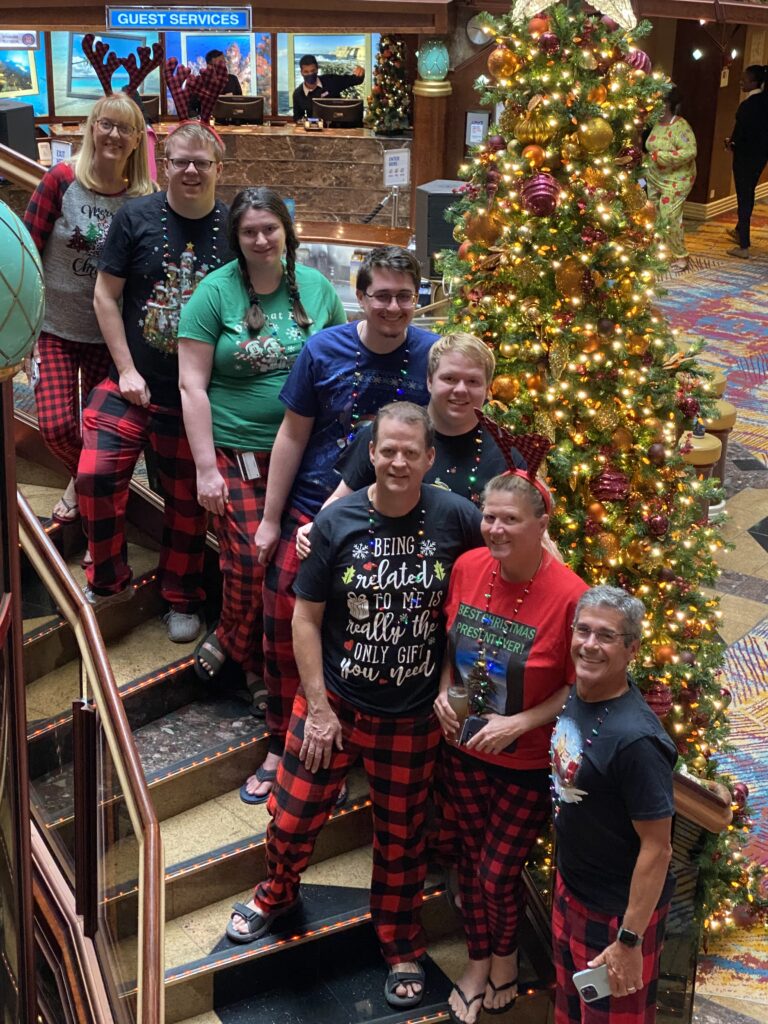 Family Christmas pic on cruise ship stairs