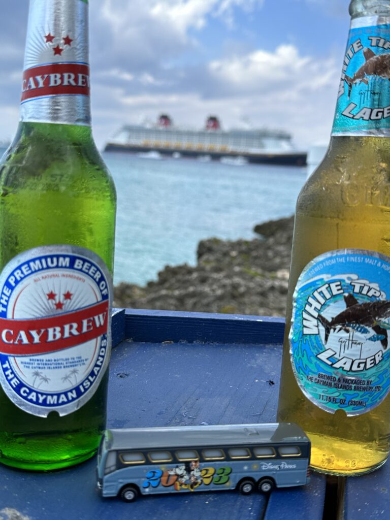 Two bottles of beer with cruise ship behind