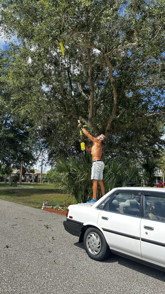 Man standing on car with chainsaw pole