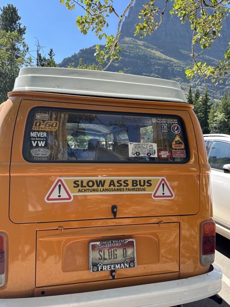 Stickers on the back of a VW van