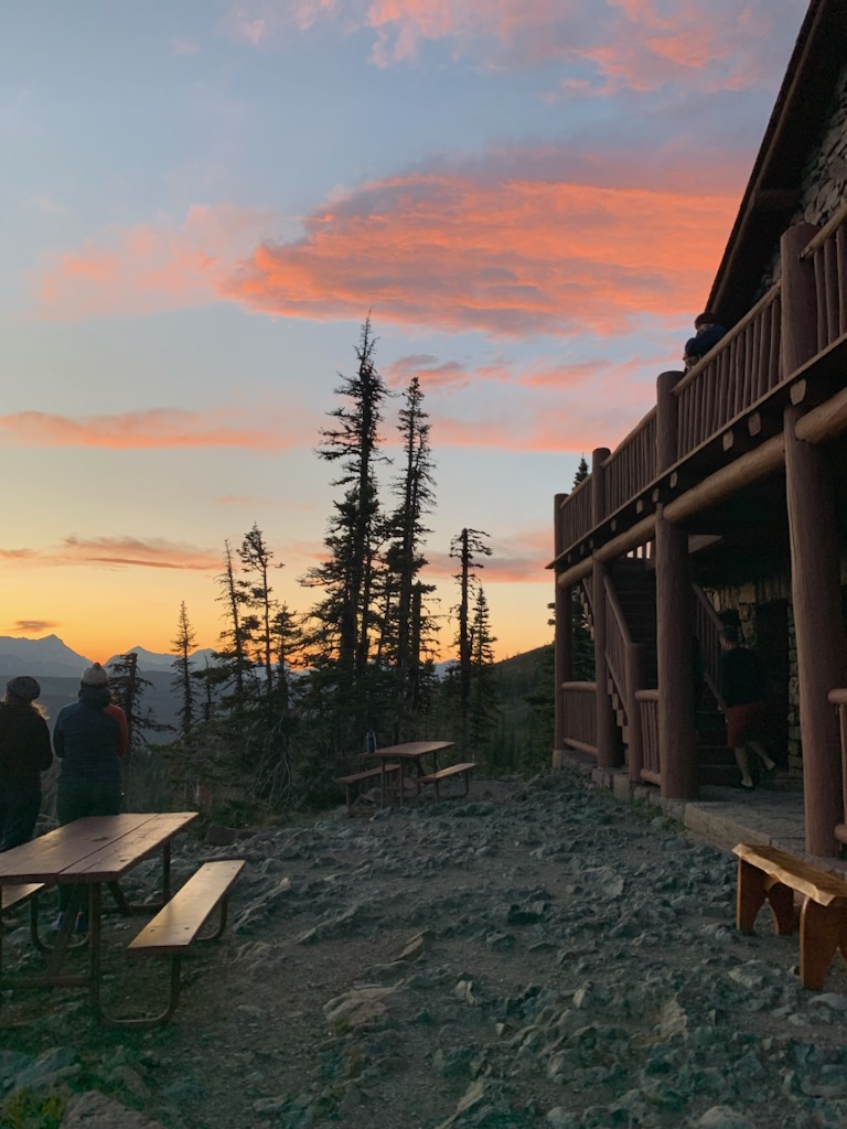 Mountain chalet at sunset