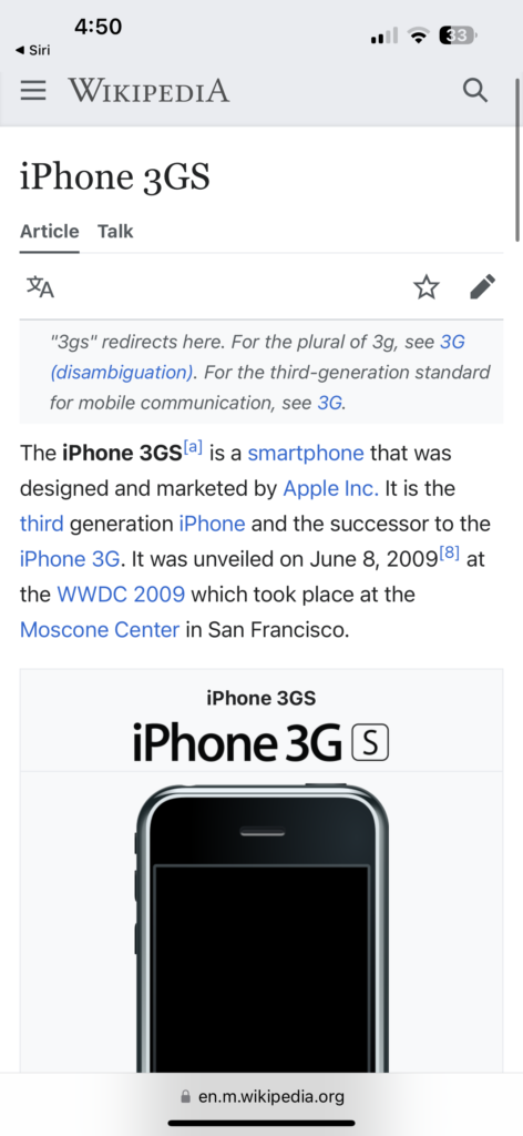 Wikipedia screen shot about iPhone 3GS