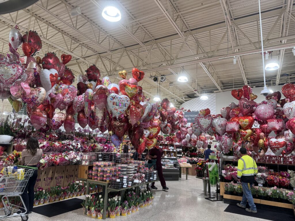 Grocery store Valentine’s Day balloon display