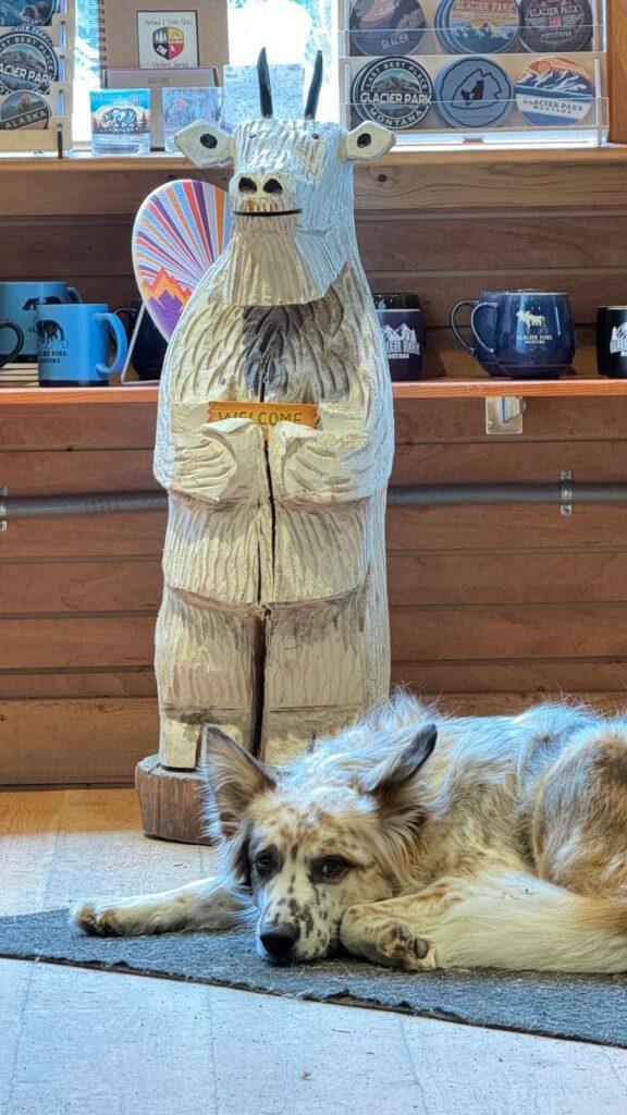 dog next to wood carving