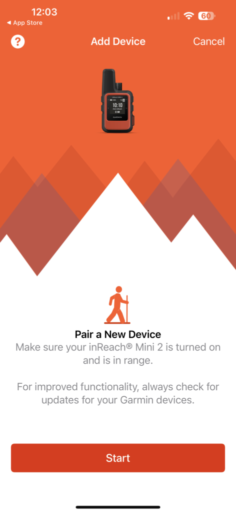 Garmin Inreach Mini 2 set up screen